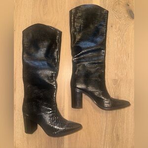 SCHUTZ Black Croc-Embossed Heeled Boots